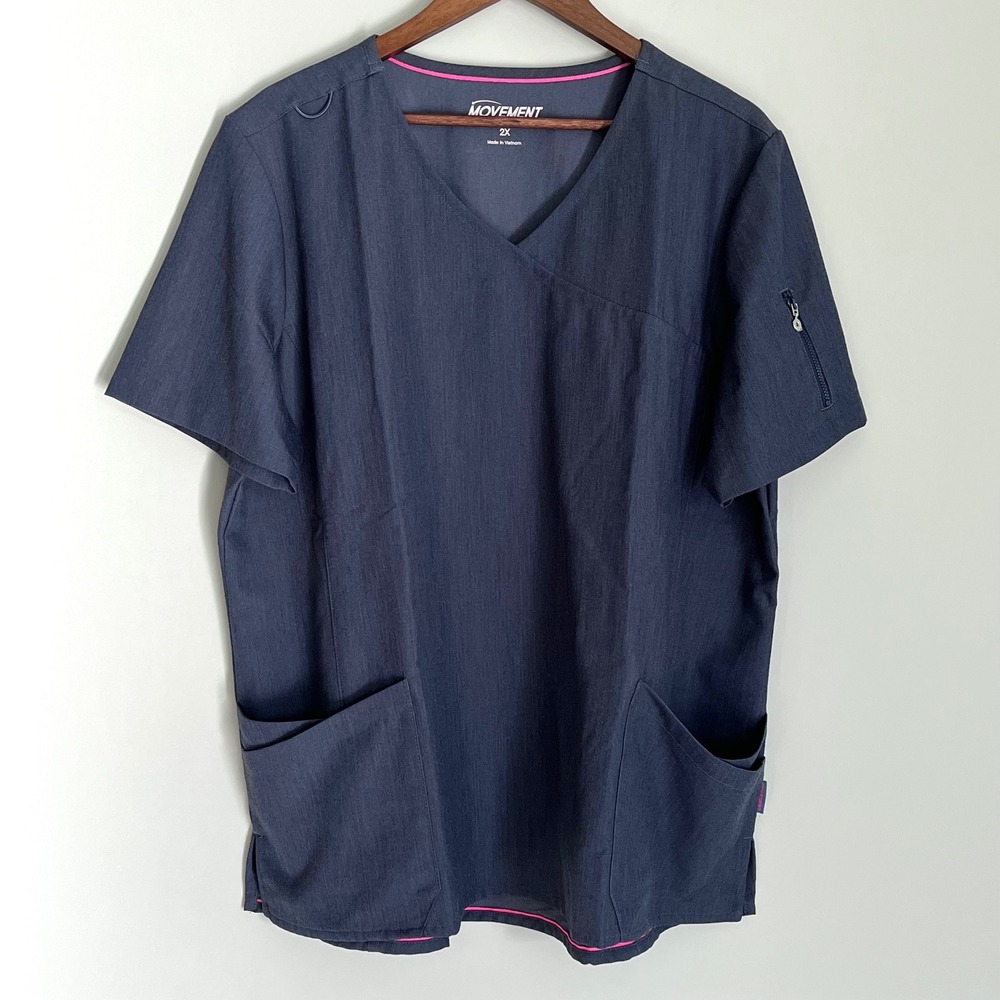 Butter-Soft Movement by UA Womens Scrub Top 2X Charcoal Grey Pink V-Neck Pockets
